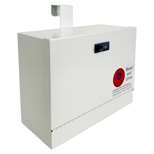 D9-G - Metal Specimen Drop Box, Medium, 14" W x 6.5" D x 11" H, Over-the-Door Hanging, with Combination Lock, Gray