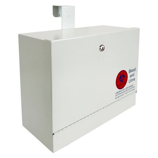 D9-K - Metal Specimen Drop Box, Medium Size, Over-the-Door Hanging with Key Lock, Secure Collection for Labs, Clinics, Medical Offices, Durable Steel Construction, Gray Finish