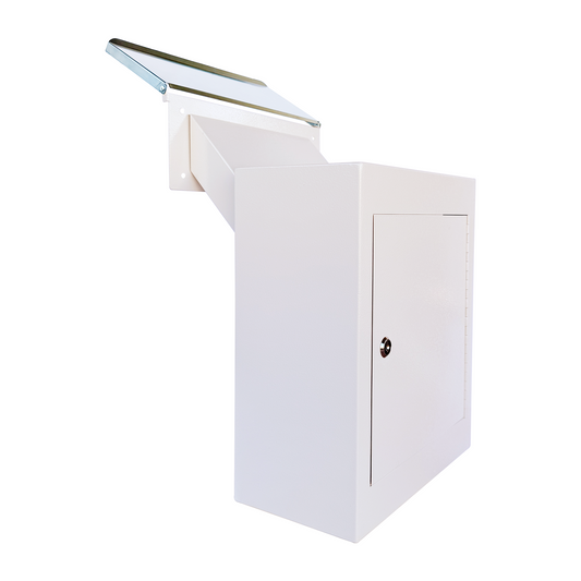 D3N-W - Through-The-Wall Drop Box with Rainproof Cover | Heavy Duty Through Wall Mailbox with 10-Inch Adjustable Chute | Rainproof Locking Drop Safe for Mail, Rent, Checks, Cash, and Keys, White