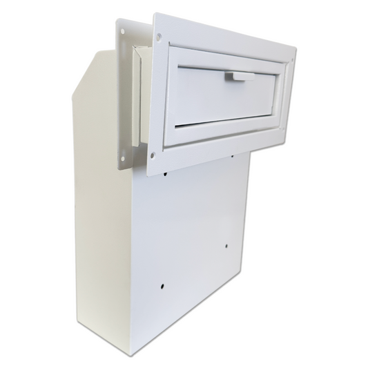 D1B-W - Through The Door Mail Drop Box - 1.5mm Steel Payment Dropbox - Door Mount Theft Proof Mailbox - Locking Deposit Drop Box for Night Key, Deposit, Cash, and Rent, Light Gray