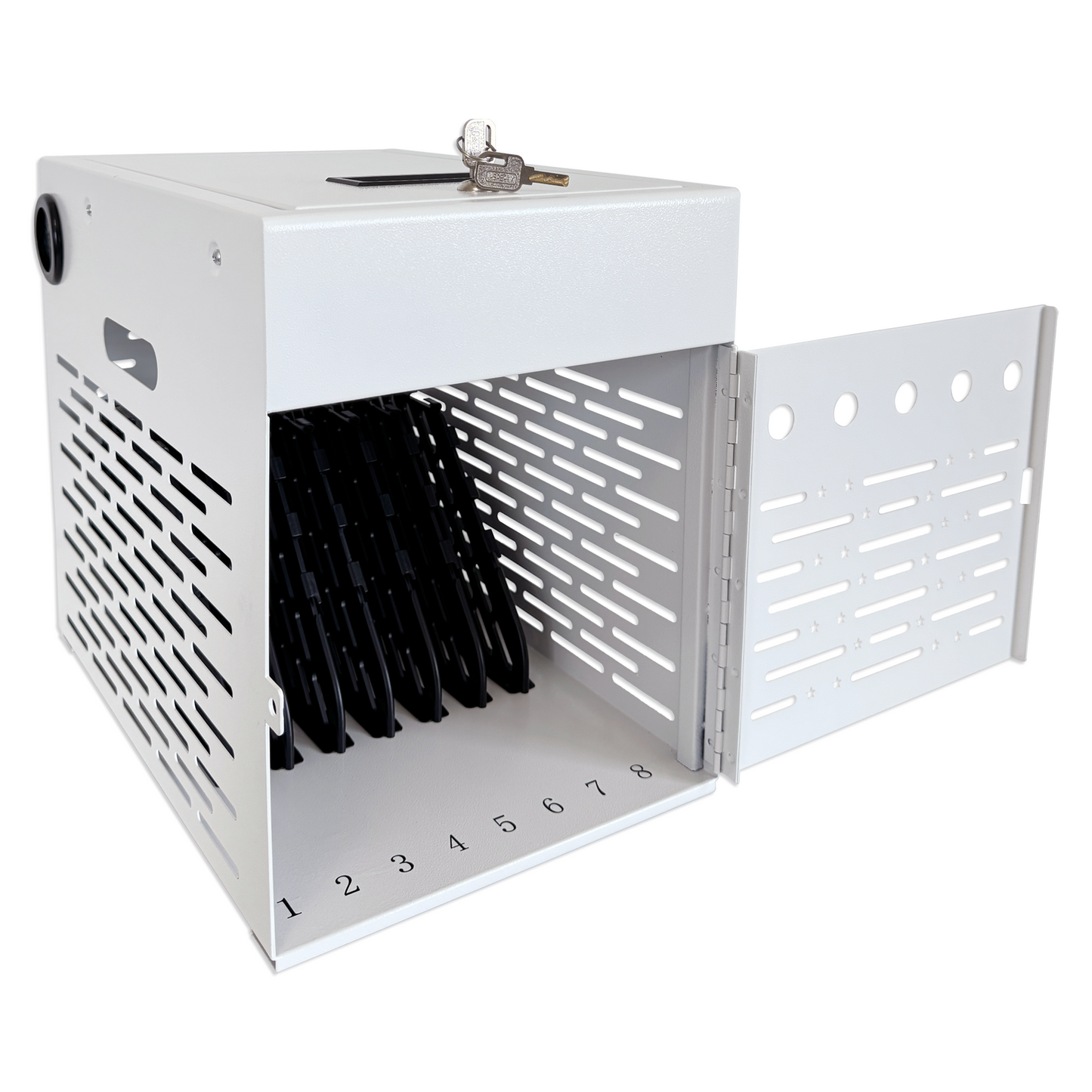C8B-W - 8-Device Tablet Charging Station, Lockable Steel Case Fits 14" Chromebooks, iPads, Laptops & Tablets, Secure Storage with 2 Keys, Ideal for Classrooms, Offices & Hospitals, White