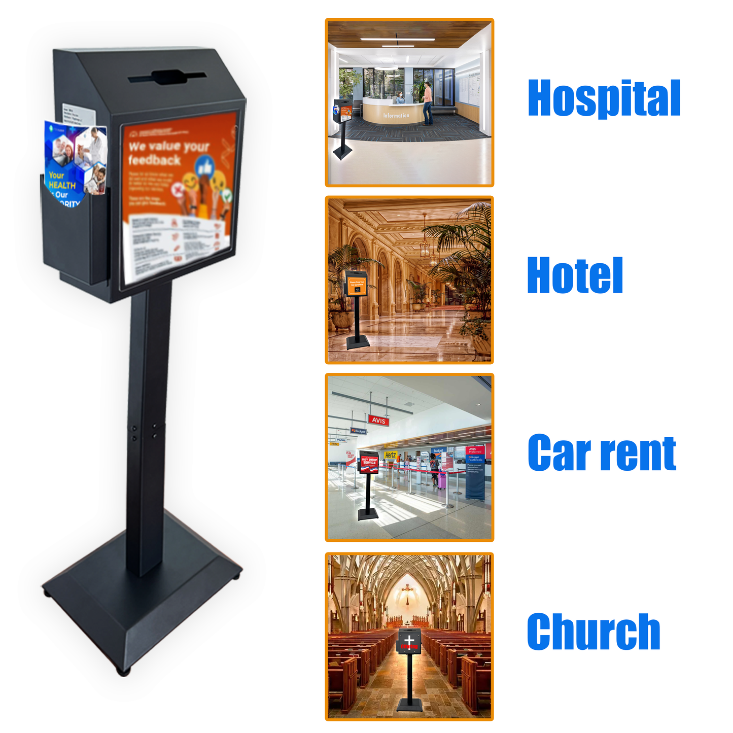 D6A-B - Suggestion Box with Stand, Floor Standing Offering Box, Metal Locking Ballot Collection Safe Box for Voting, Charity, Donation, Church, Election, Hospital Feedback, and Car Rental Key Return, Black
