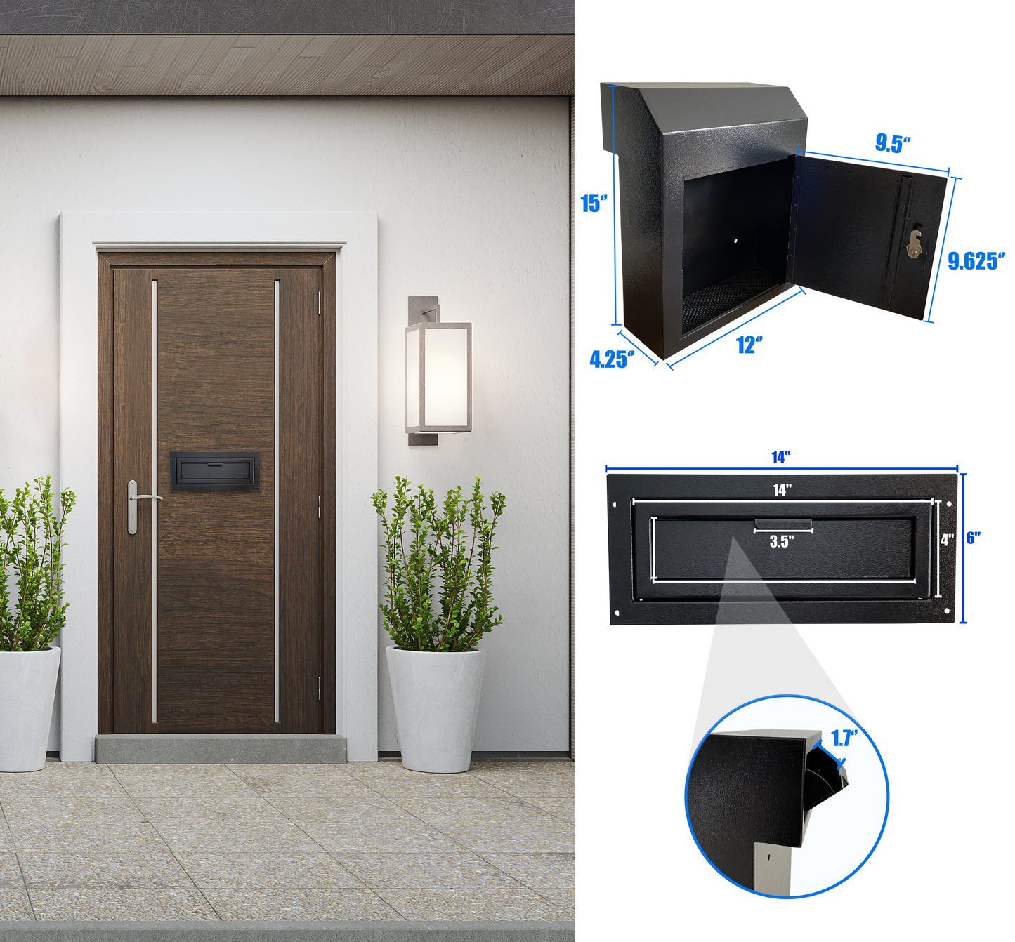 D1B-B - Through The Door Mail Drop Box - 1.5mm Steel Payment Dropbox - Door Mount Theft Proof Mailbox - Locking Deposit Drop Box for Night Key, Deposit, Cash, and Rent (Black)