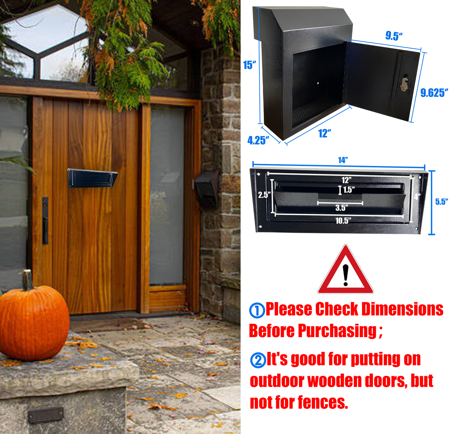 D1A-B - Rainproof Heavy Duty Mailbox Door Drop Box, Galvanized Steel Weatherproof Locking Metal Mailbox Door Mounted for Keys, Deposit, Payment, Mails - Through The Door Safe Mail Drop Box, Black