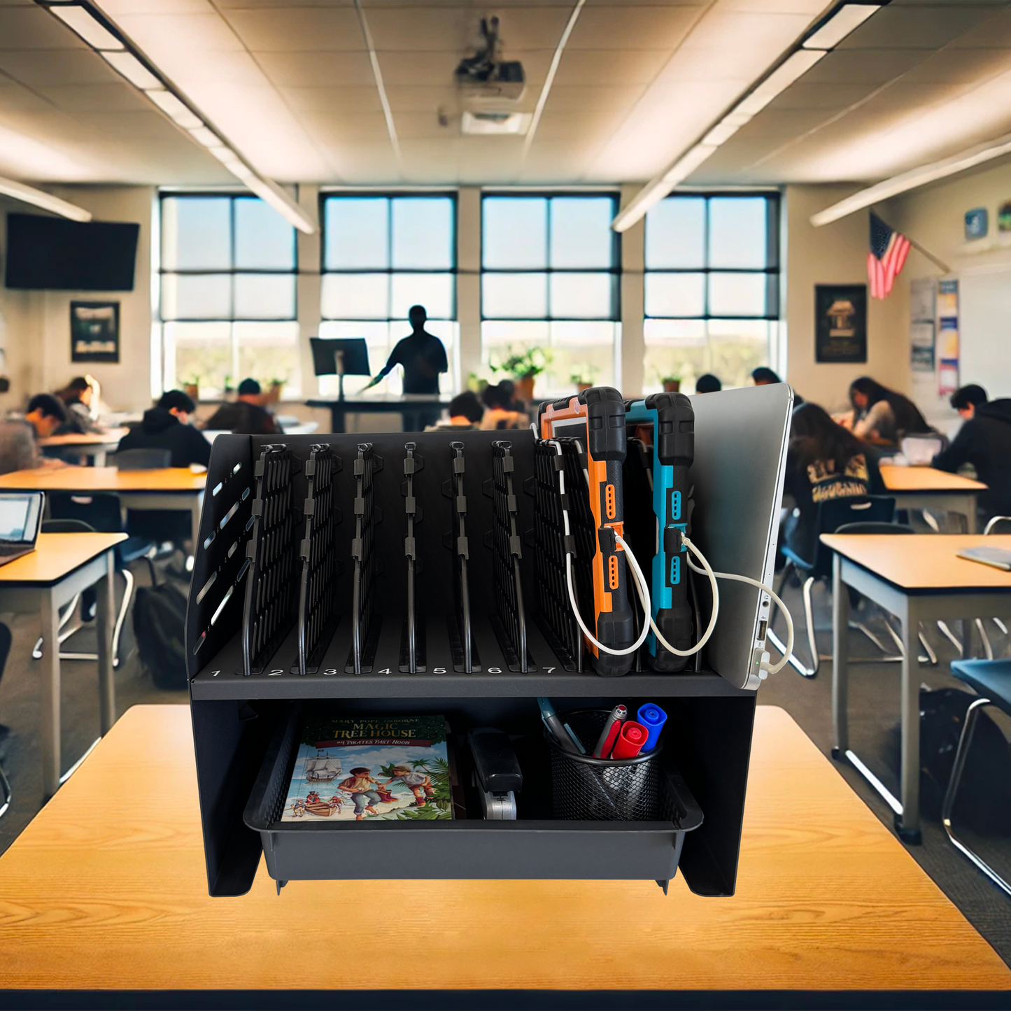 C10A-B - Laptop Charging Station for Classroom, Office, or Home, 10-Device Organizer with 6 AC Outlets & 4 Fast-Charging USB Ports, Fits Laptops, Tablets & E-Readers up to 1.4" Thick, 15.6"