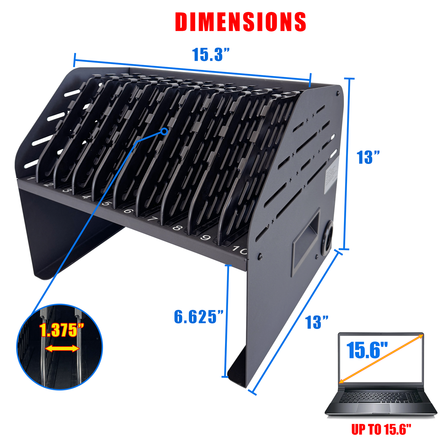 C10A-B - Laptop Charging Station for Classroom, Office, or Home, 10-Device Organizer with 6 AC Outlets & 4 Fast-Charging USB Ports, Fits Laptops, Tablets & E-Readers up to 1.4" Thick, 15.6"