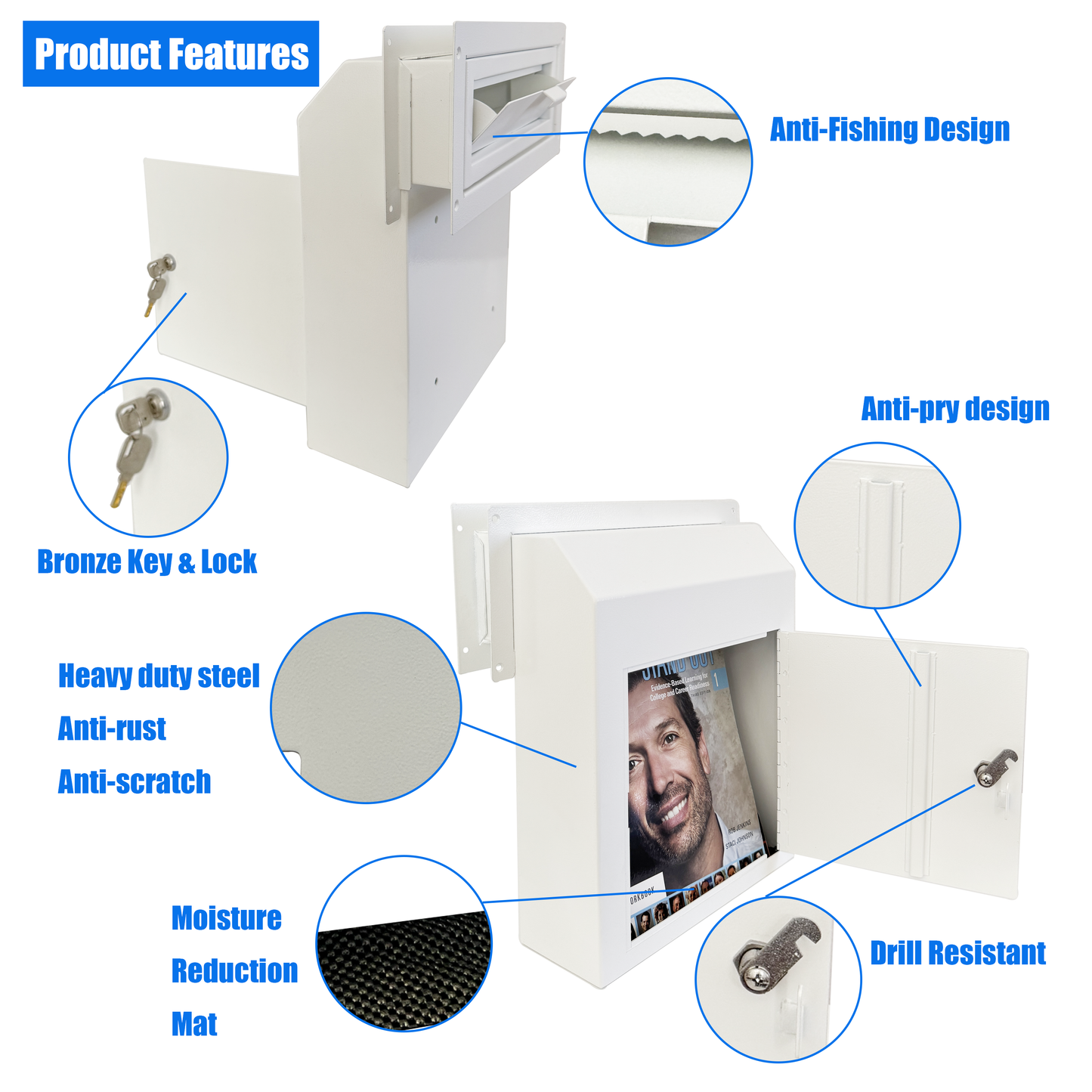 D1B-W - Through The Door Mail Drop Box - 1.5mm Steel Payment Dropbox - Door Mount Theft Proof Mailbox - Locking Deposit Drop Box for Night Key, Deposit, Cash, and Rent, Light Gray