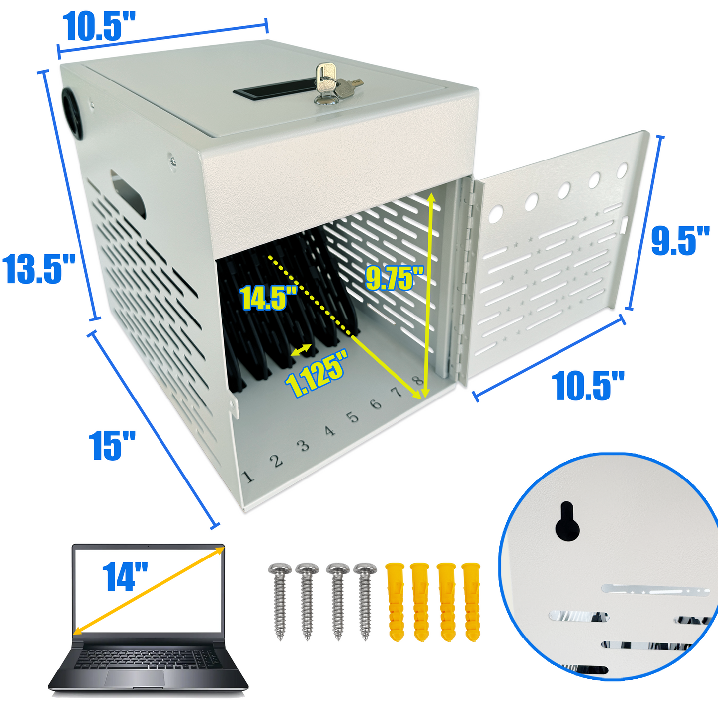 C8B-W - 8-Device Tablet Charging Station, Lockable Steel Case Fits 14" Chromebooks, iPads, Laptops & Tablets, Secure Storage with 2 Keys, Ideal for Classrooms, Offices & Hospitals, White