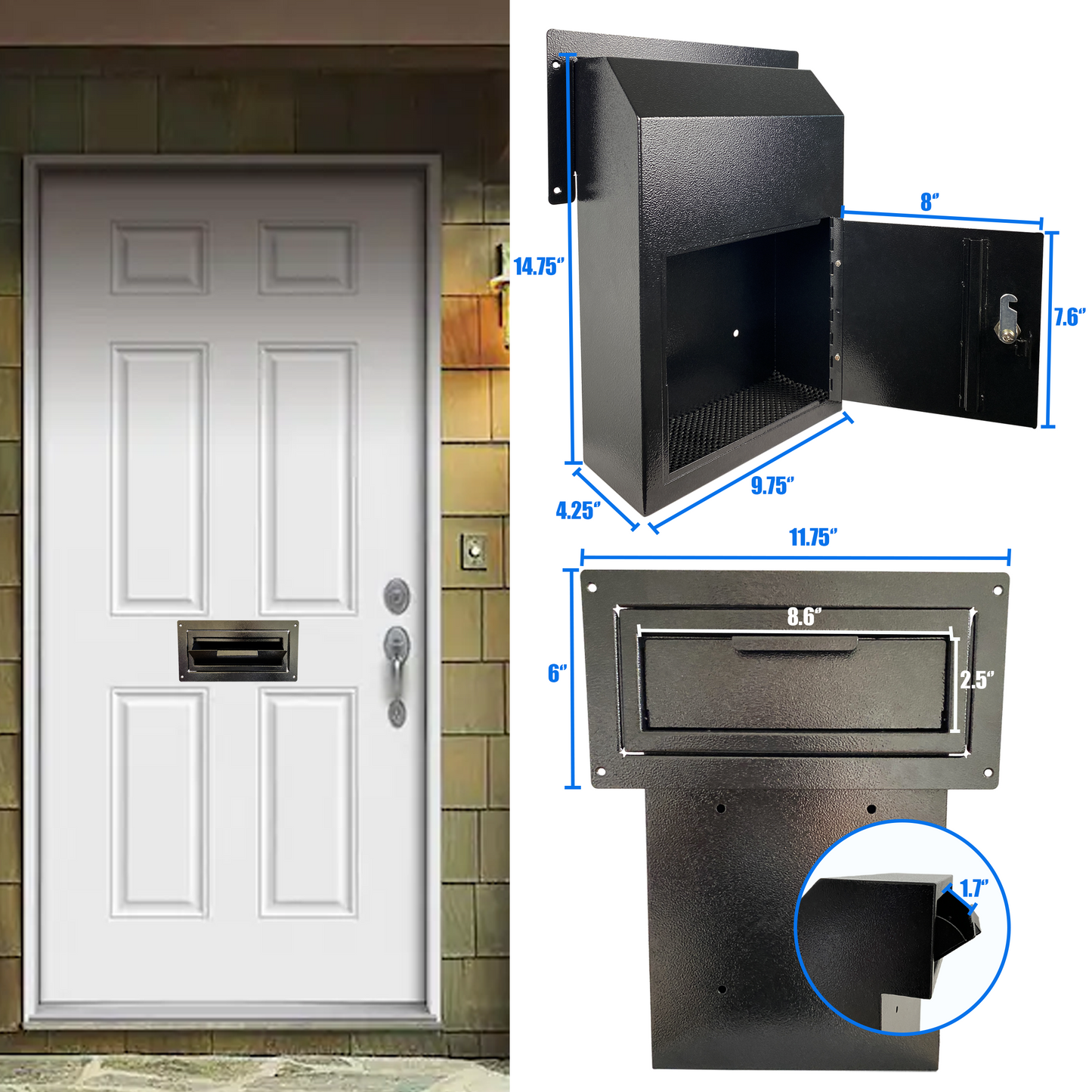 D1C-B - Door Drop Box, Mail Slots for Mail, Rent, Deposit, and Night Key, Through The Door Prevents Money Fishing Locking Steel Mailbox with Rear Access, Black