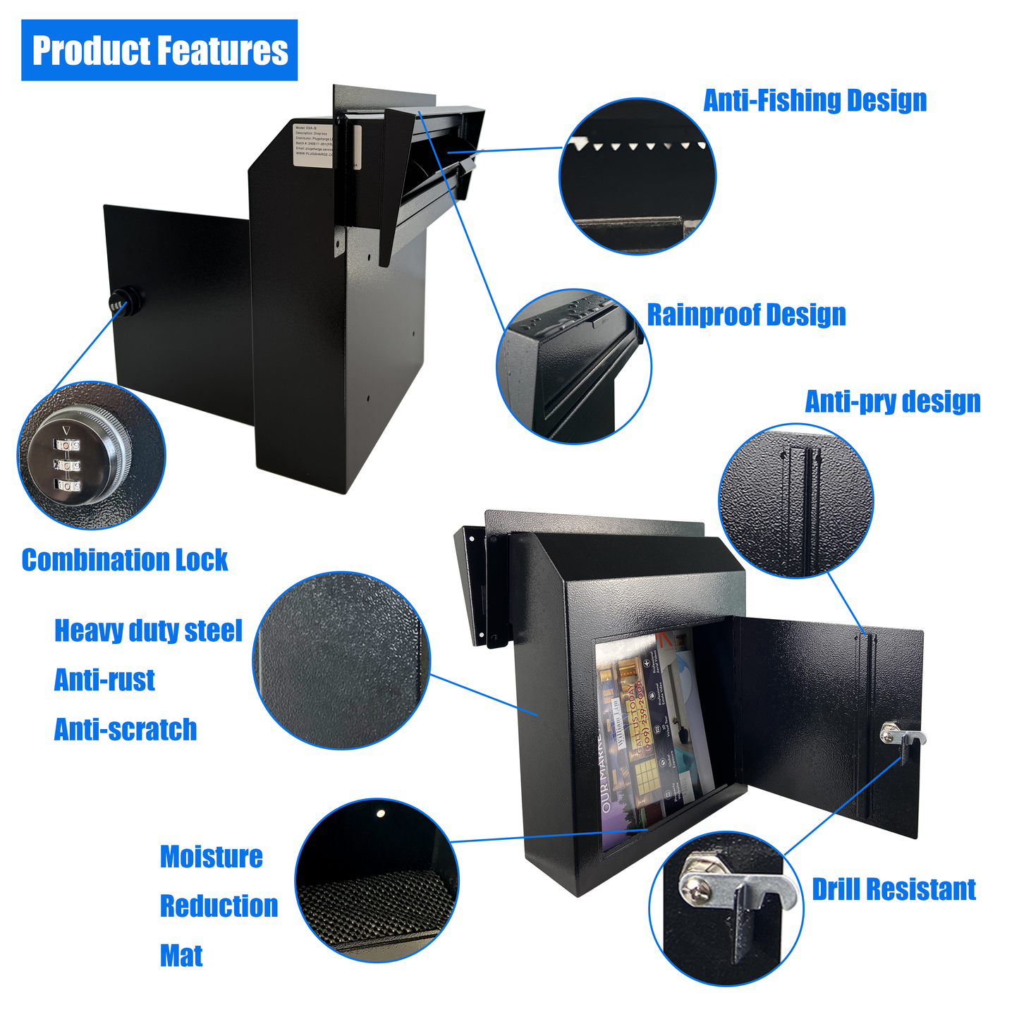D2A-B - Rainproof Heavy Duty Locking Mailbox Door Drop Box with Combination Lock, Galvanized Steel, Weatherproof for Keys, Payments, and Mails – Through-The-Door Safe Metal Mailbox, Black