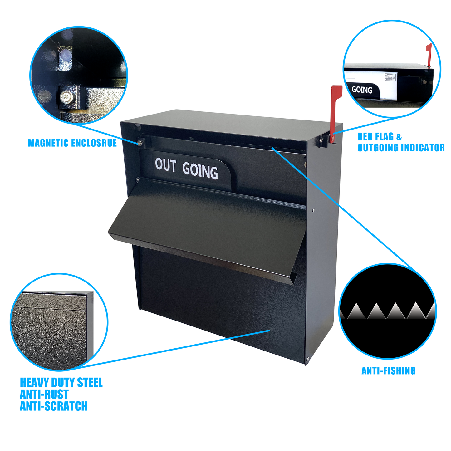 D5-B - Rainproof Wall Mount Mailbox with Outgoing Mail Flag and Holder, Rainproof Anti-Fishing Locking Mailbox, Heavy Duty Residential Security Mailbox, Payment Drop Box with Lock, Black