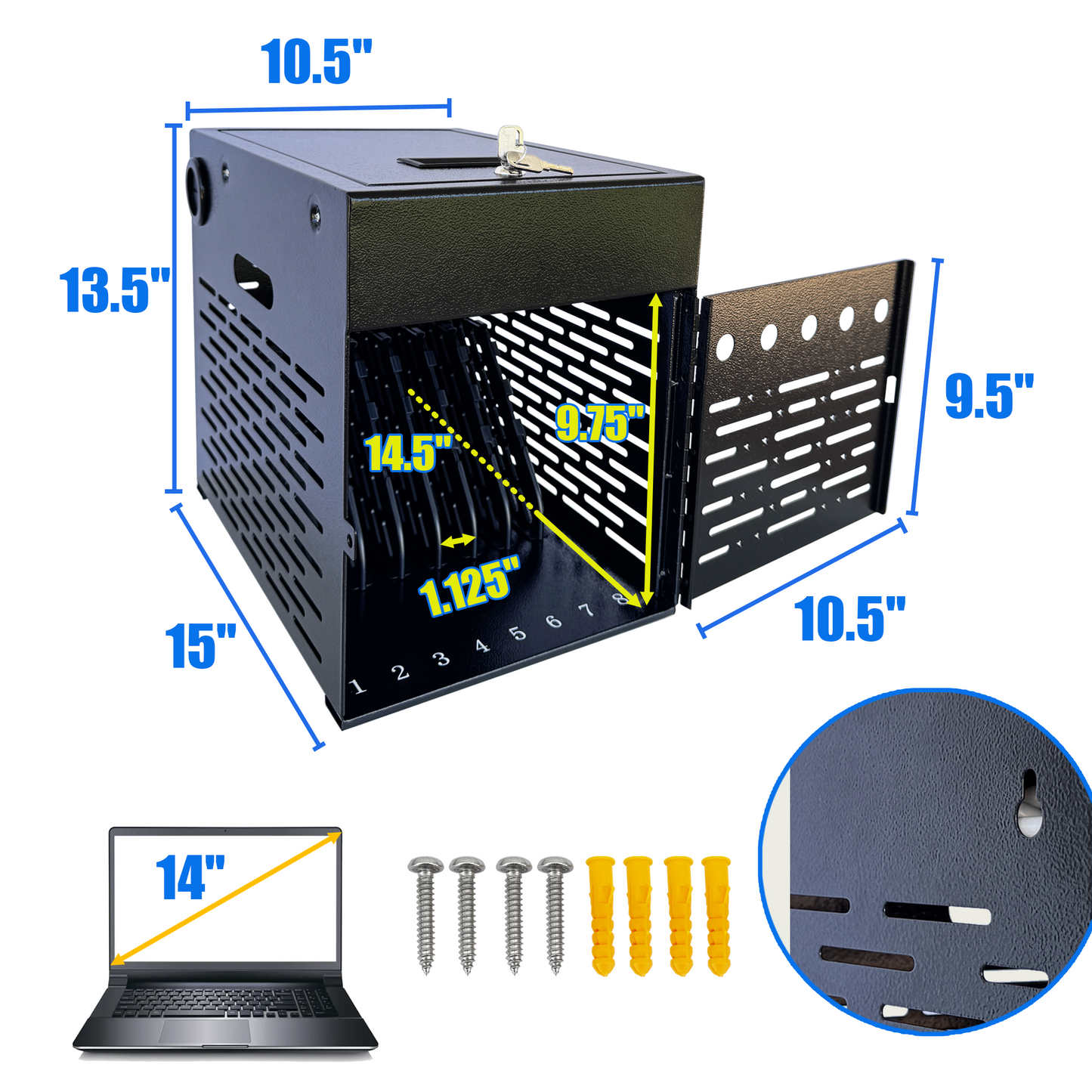 C8B-B - 8-Device Tablet Charging Station, Lockable Steel Case Fits 14" Chromebooks, iPads, Laptops & Tablets, Secure Storage with 2 Keys, Ideal for Classrooms, Offices & Hospitals, Black