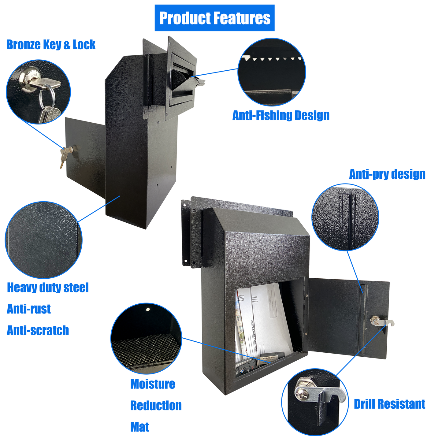 D1C-B - Door Drop Box, Mail Slots for Mail, Rent, Deposit, and Night Key, Through The Door Prevents Money Fishing Locking Steel Mailbox with Rear Access, Black