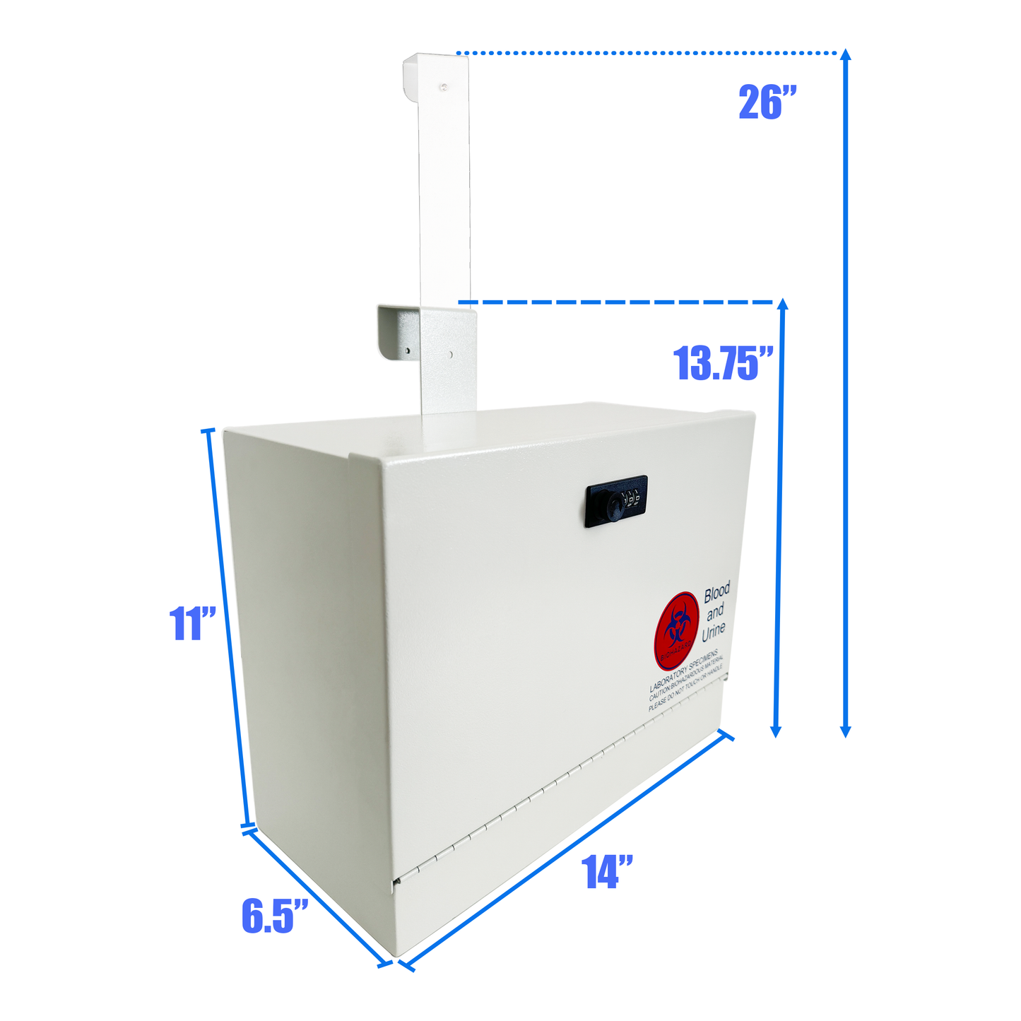 D9-G - Metal Specimen Drop Box, Medium, 14" W x 6.5" D x 11" H, Over-the-Door Hanging, with Combination Lock, Gray