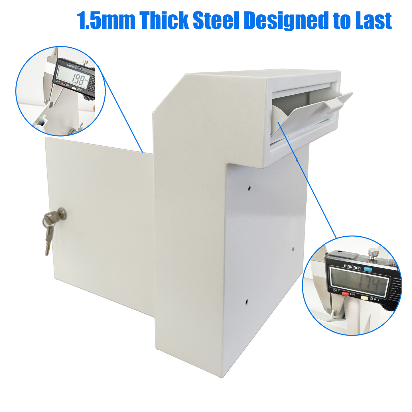 D1B-W - Through The Door Mail Drop Box - 1.5mm Steel Payment Dropbox - Door Mount Theft Proof Mailbox - Locking Deposit Drop Box for Night Key, Deposit, Cash, and Rent, Light Gray