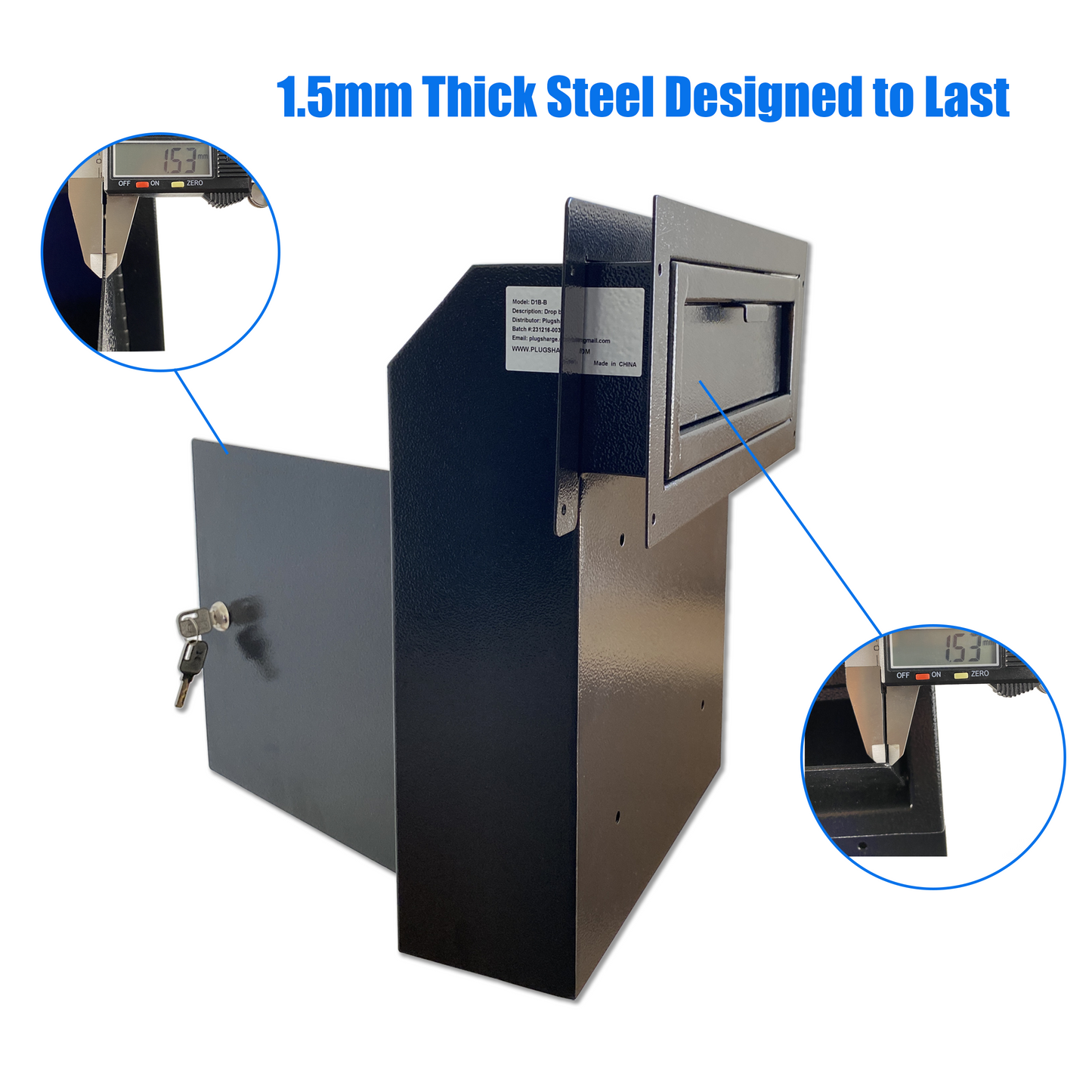 D1B-B - Through The Door Mail Drop Box - 1.5mm Steel Payment Dropbox - Door Mount Theft Proof Mailbox - Locking Deposit Drop Box for Night Key, Deposit, Cash, and Rent (Black)