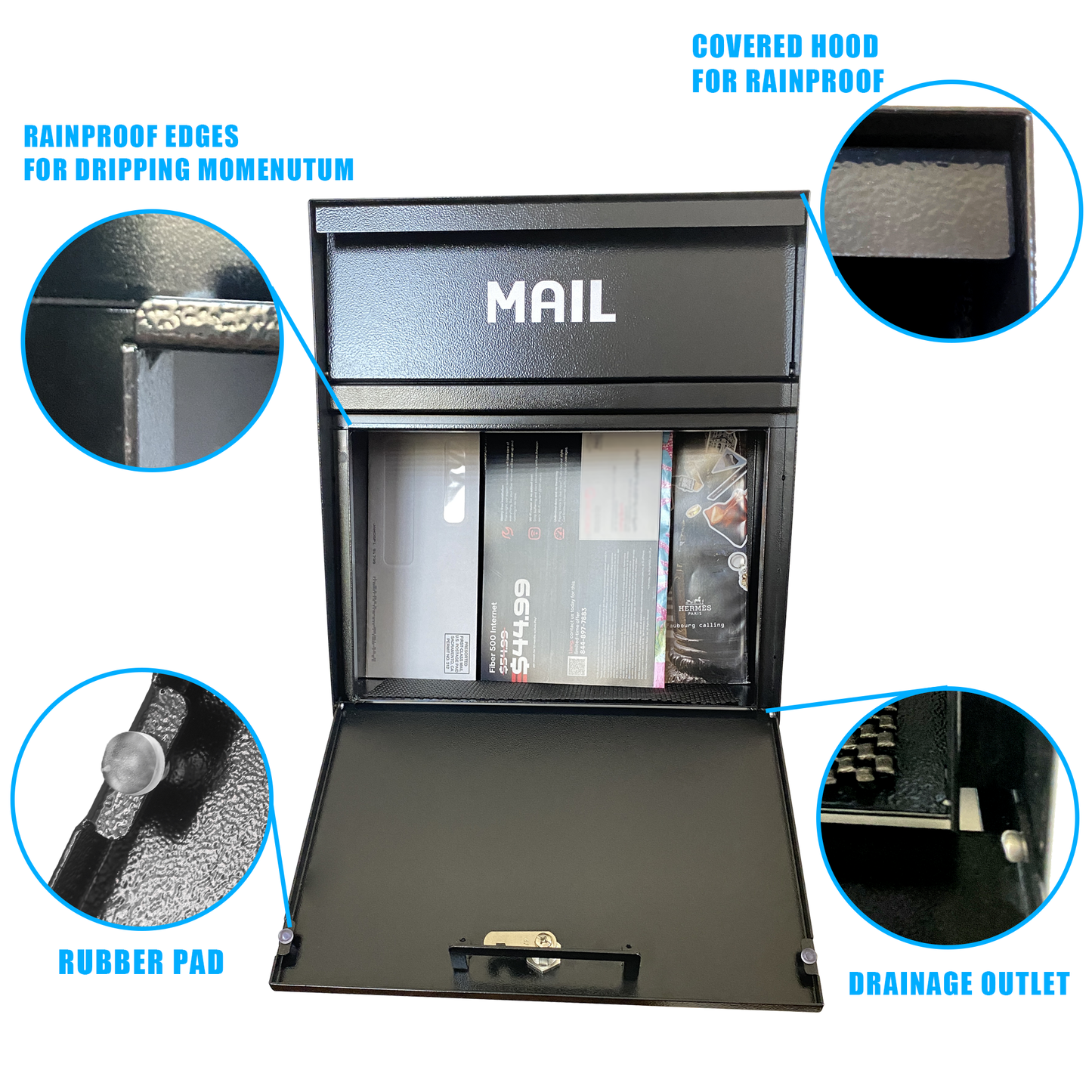 D5-B - Rainproof Wall Mount Mailbox with Outgoing Mail Flag and Holder, Rainproof Anti-Fishing Locking Mailbox, Heavy Duty Residential Security Mailbox, Payment Drop Box with Lock, Black