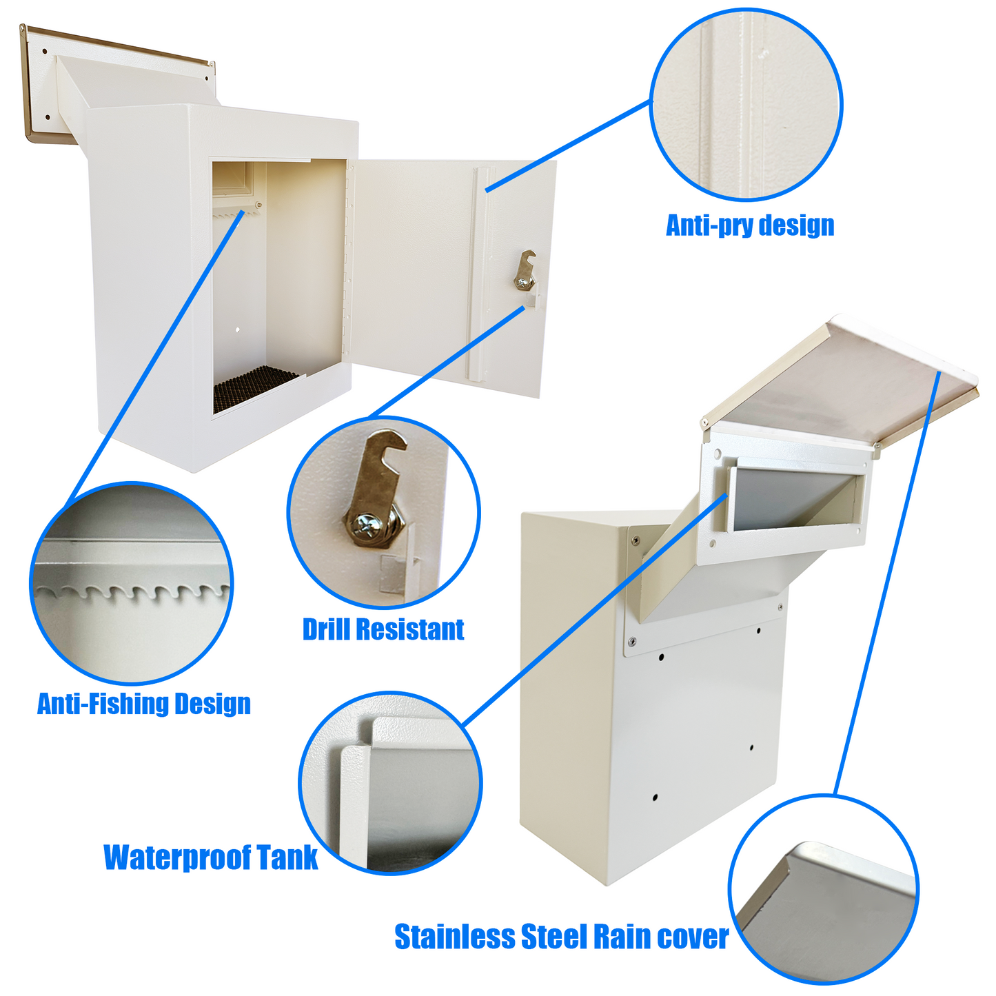 D3N-W - Through-The-Wall Drop Box with Rainproof Cover | Heavy Duty Through Wall Mailbox with 10-Inch Adjustable Chute | Rainproof Locking Drop Safe for Mail, Rent, Checks, Cash, and Keys, White