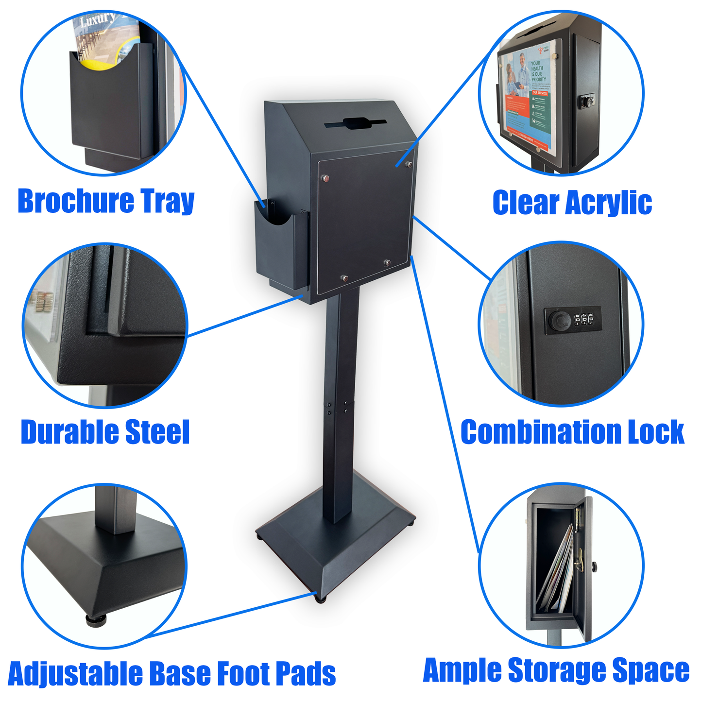 D6B-B - Suggestion Box with Stand,Floor Standing Offering Box,Combination Lock Ballot Collection Safe Box for Voting,Charity,Donation,Church,School,Election,Hospital Feedback,and Car Rental Key Return, Black