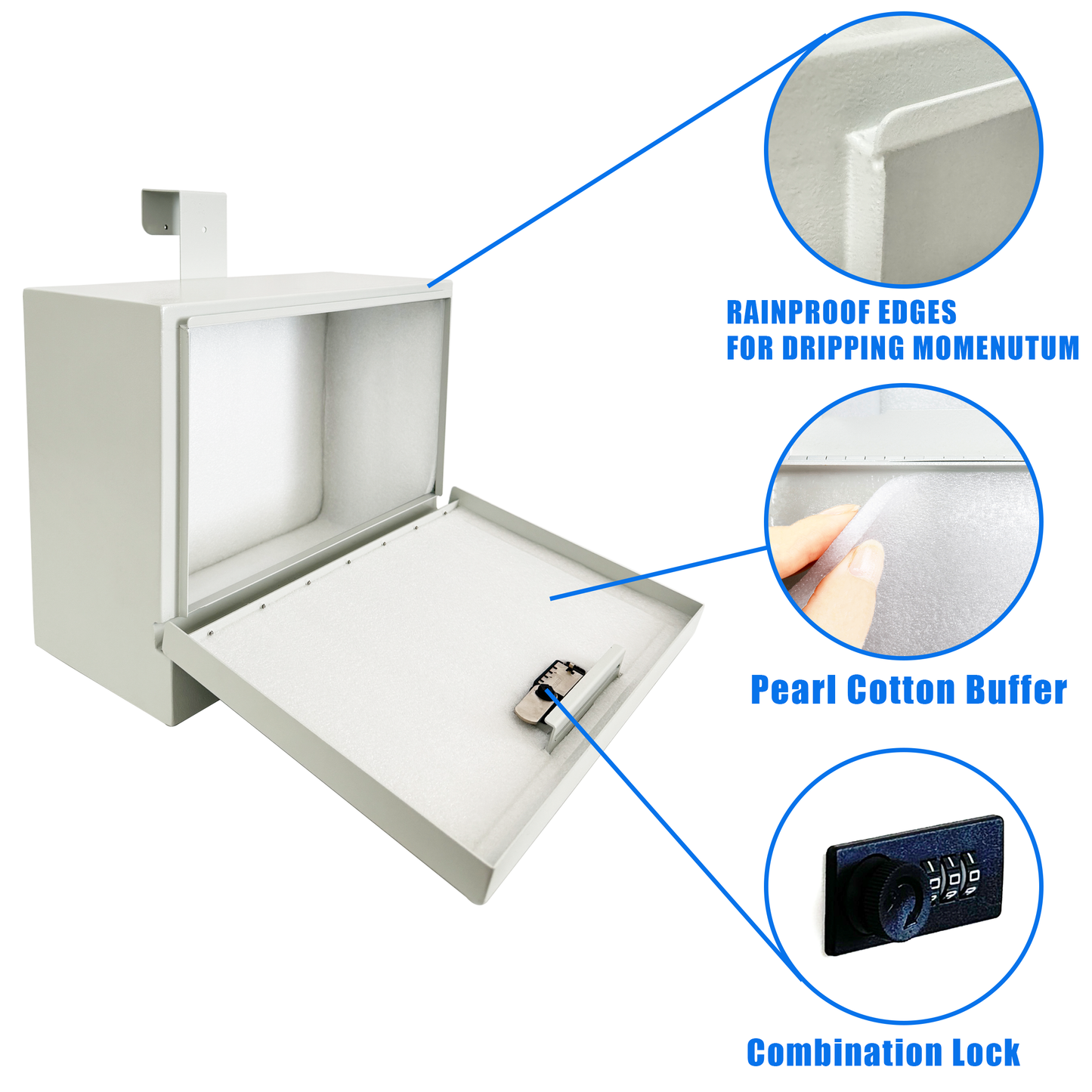 D9-G - Metal Specimen Drop Box, Medium, 14" W x 6.5" D x 11" H, Over-the-Door Hanging, with Combination Lock, Gray