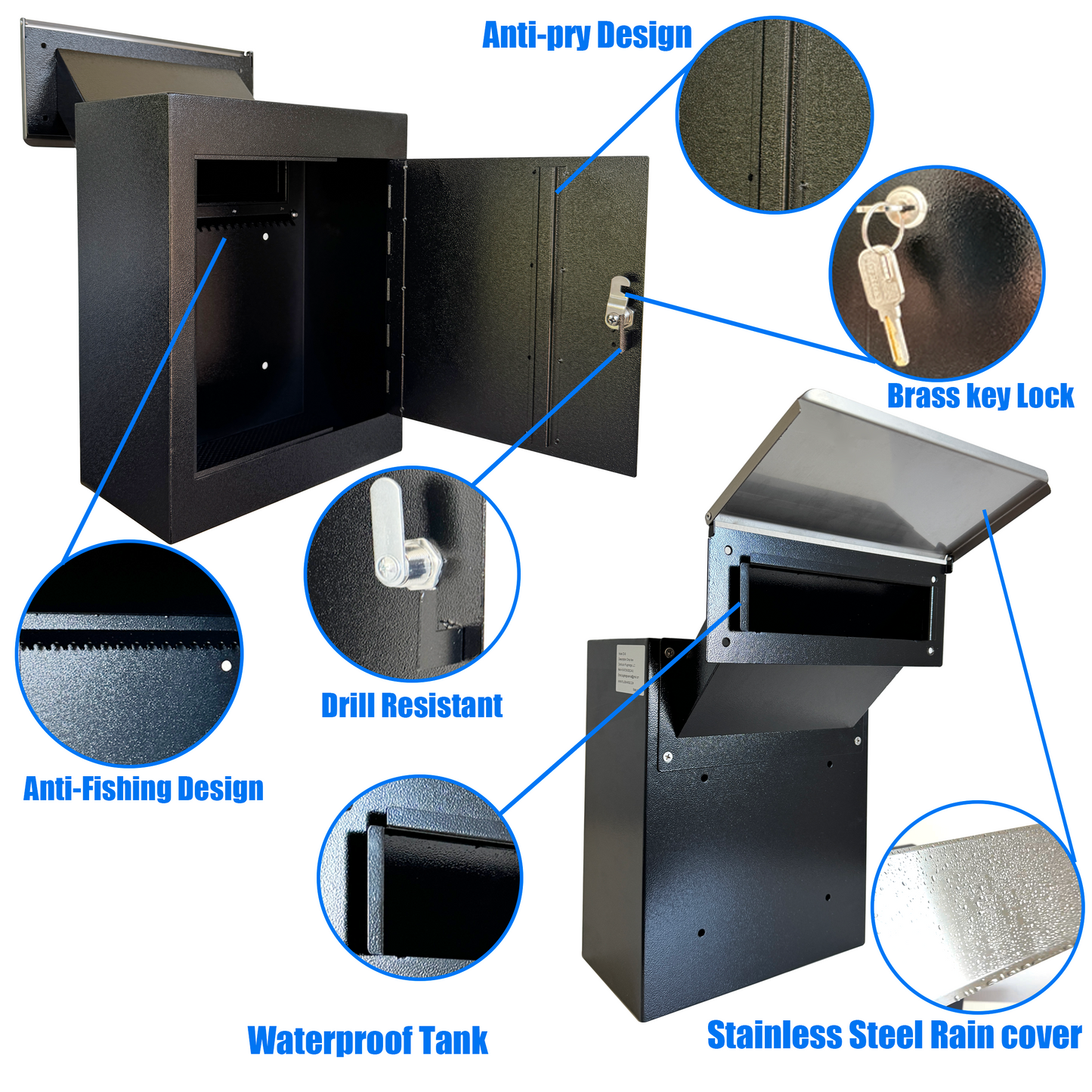 D3-B - Through-The-Wall Drop Box with Rainproof Cover | Heavy Duty Through Wall Mailbox with 10-Inch Adjustable Chute | Rainproof Locking Drop Safe for Mail, Rent, Checks, Cash, and Keys, Black