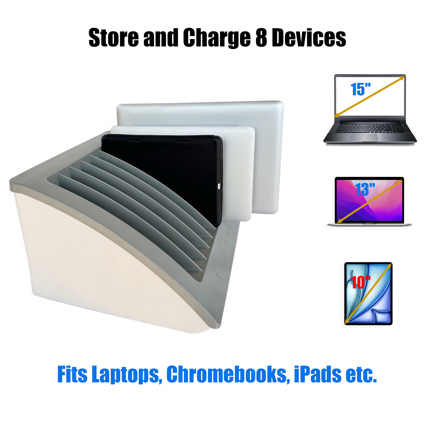 C8A-G - 8-Device Laptop & Tablet Charging Station – Classroom & Office Organizer with Circuit Breaker & Cable Management – Fits Laptops, Chromebooks & Tablets Up to 15.6'' & 1.35'' Thick