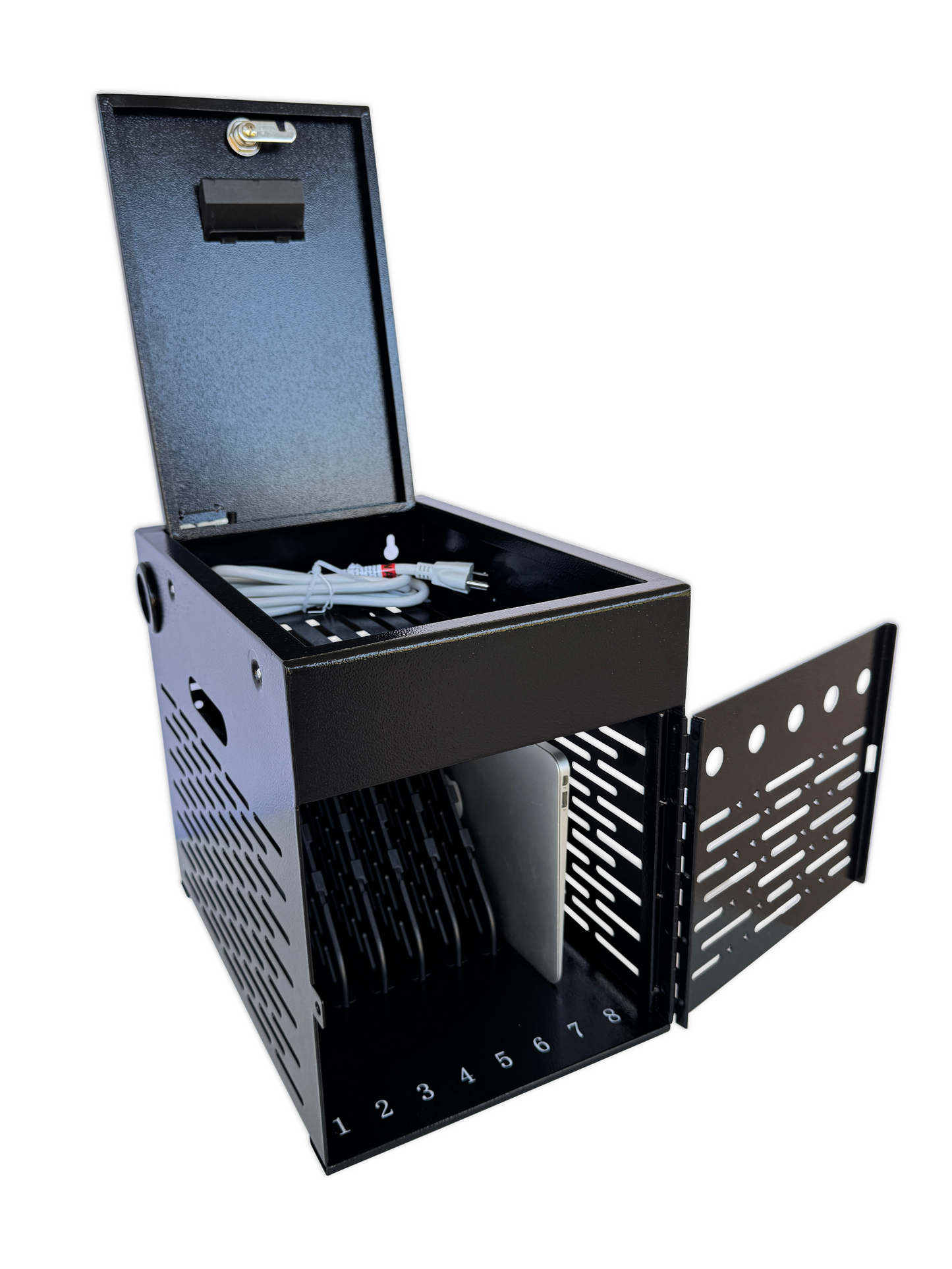 C8B-B - 8-Device Tablet Charging Station, Lockable Steel Case Fits 14" Chromebooks, iPads, Laptops & Tablets, Secure Storage with 2 Keys, Ideal for Classrooms, Offices & Hospitals, Black