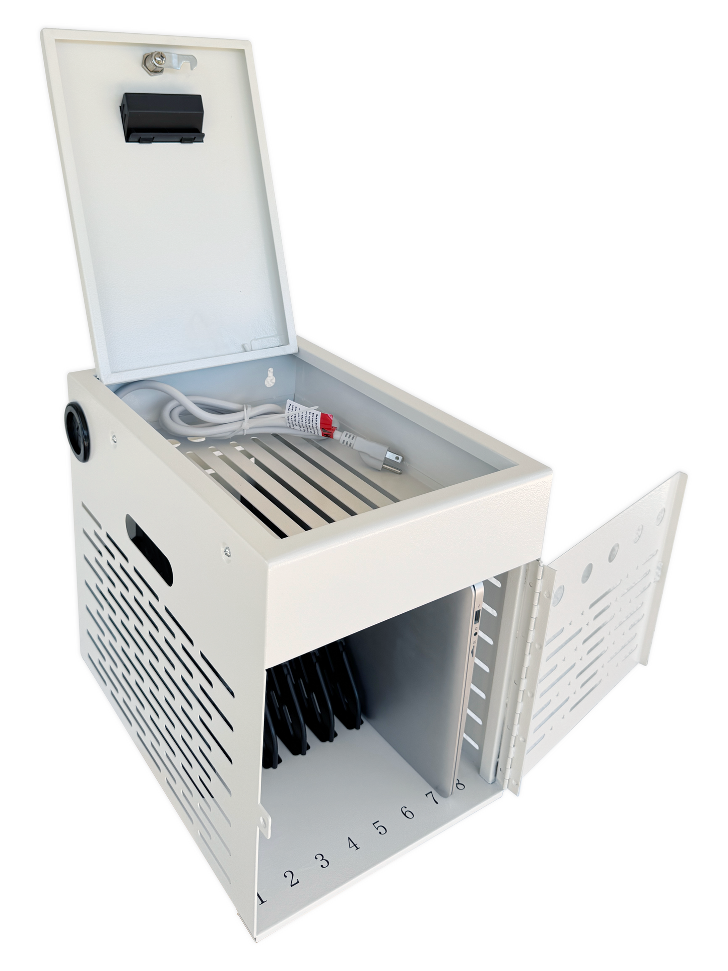 C8B-W - 8-Device Tablet Charging Station, Lockable Steel Case Fits 14" Chromebooks, iPads, Laptops & Tablets, Secure Storage with 2 Keys, Ideal for Classrooms, Offices & Hospitals, White