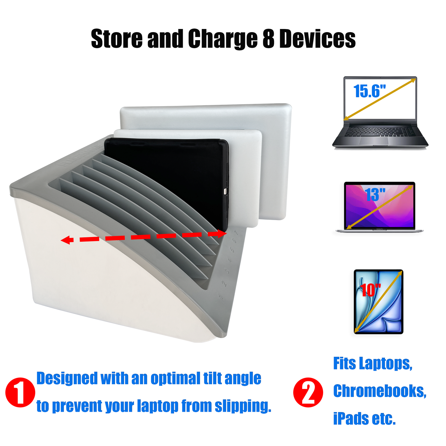 C8A-G - 8-Device Laptop & Tablet Charging Station – Classroom & Office Organizer with Circuit Breaker & Cable Management – Fits Laptops, Chromebooks & Tablets Up to 15.6'' & 1.35'' Thick