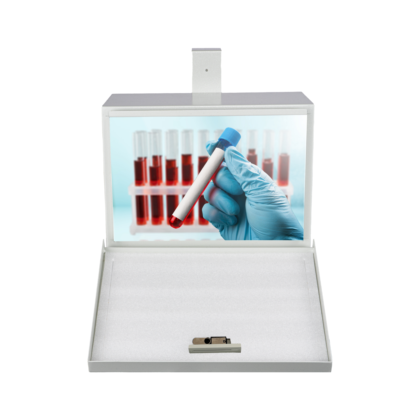 D9-G - Metal Specimen Drop Box, Medium, 14" W x 6.5" D x 11" H, Over-the-Door Hanging, with Combination Lock, Gray