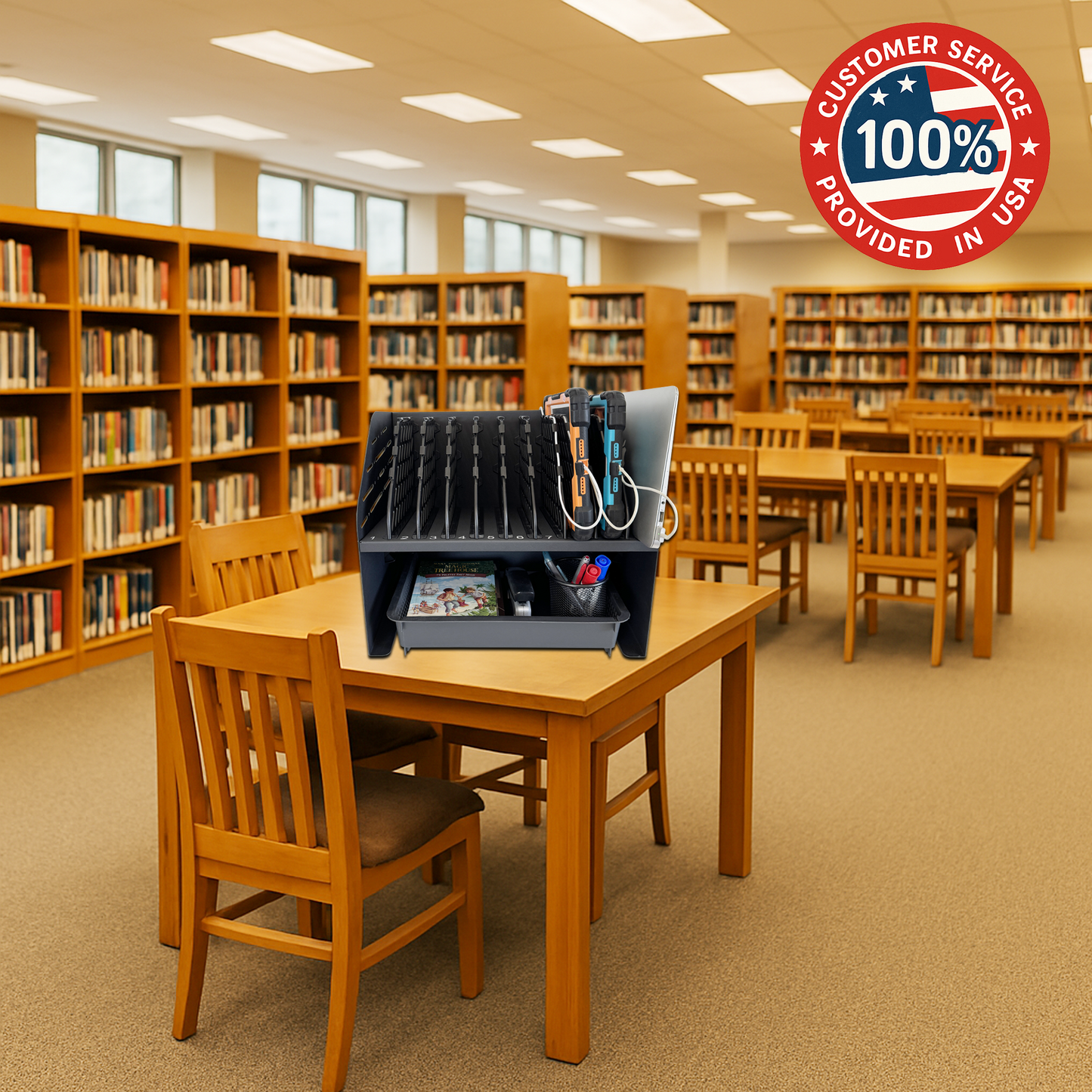C10A-B - Laptop Charging Station for Classroom, Office, or Home, 10-Device Organizer with 6 AC Outlets & 4 Fast-Charging USB Ports, Fits Laptops, Tablets & E-Readers up to 1.4" Thick, 15.6"