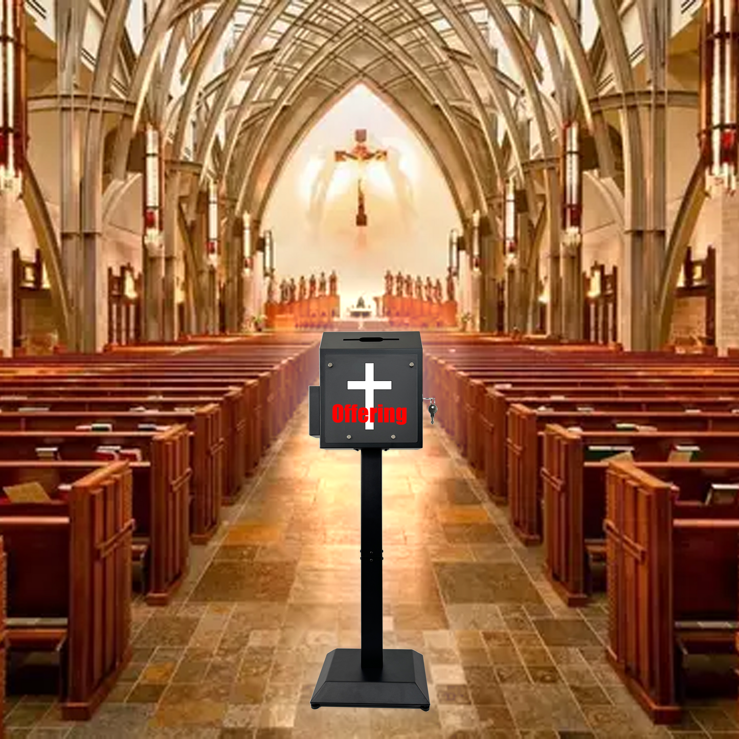 D6A-B - Suggestion Box with Stand, Floor Standing Offering Box, Metal Locking Ballot Collection Safe Box for Voting, Charity, Donation, Church, Election, Hospital Feedback, and Car Rental Key Return, Black