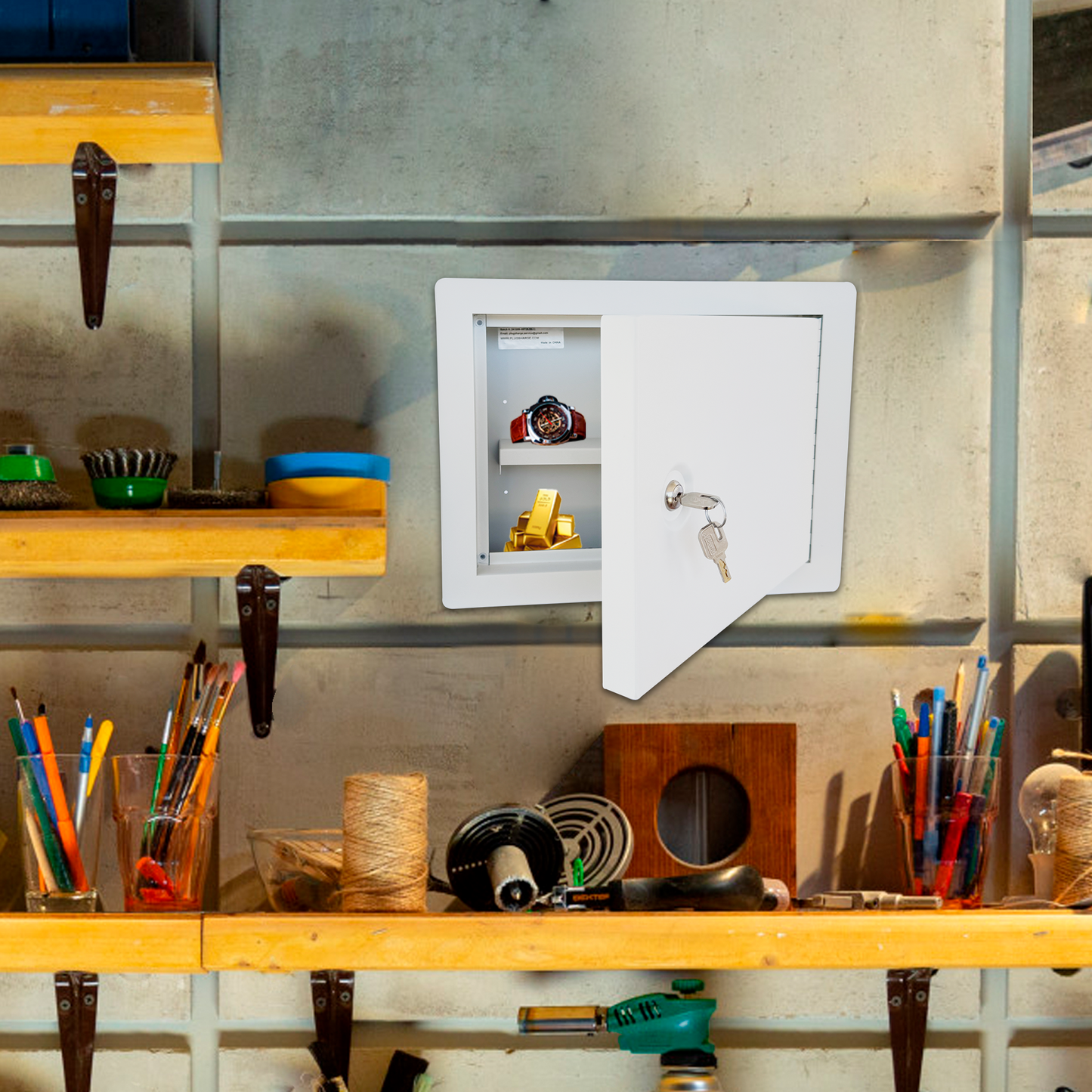 G1-W - In-Wall Safe with Key Lock – Heavy-Duty Steel Lockable Hidden Wall Compartment for Secure Storage, Wall Safe Box for Jewelry, Cash, and Documents – 15.75-Inch Exterior Width, White