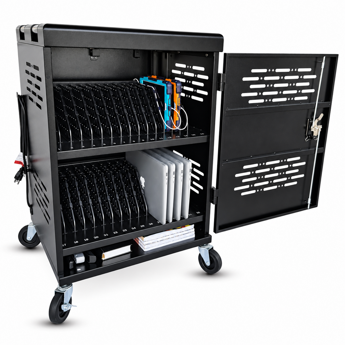 C32B-B - 32-Device Laptop Charging Cart for Chromebooks, iPad & Tablets Fits Up to 14" Laptops with Locking Storage,Stainless Steel Handle,Cable Management for Schools,Offices & Libraries, Black