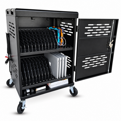 C32B-B - 32-Device Laptop Charging Cart for Chromebooks, iPad & Tablets Fits Up to 14" Laptops with Locking Storage,Stainless Steel Handle,Cable Management for Schools,Offices & Libraries, Black