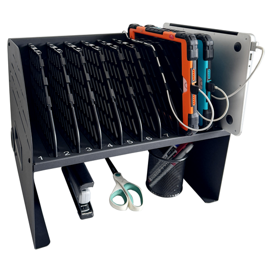 C10A-B - Laptop Charging Station for Classroom, Office, or Home, 10-Device Organizer with 6 AC Outlets & 4 Fast-Charging USB Ports, Fits Laptops, Tablets & E-Readers up to 1.4" Thick, 15.6"