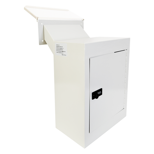 D3-W - Through-The-Wall Drop Box with Rainproof Cover | Heavy Duty Through Wall Mailbox with 10-Inch Adjustable Chute | Rainproof Locking Drop Safe for Mail, Rent, Checks, Cash, and Keys, Gray