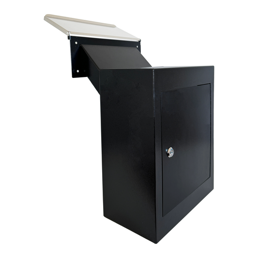 D3-B - Through-The-Wall Drop Box with Rainproof Cover | Heavy Duty Through Wall Mailbox with 10-Inch Adjustable Chute | Rainproof Locking Drop Safe for Mail, Rent, Checks, Cash, and Keys, Black