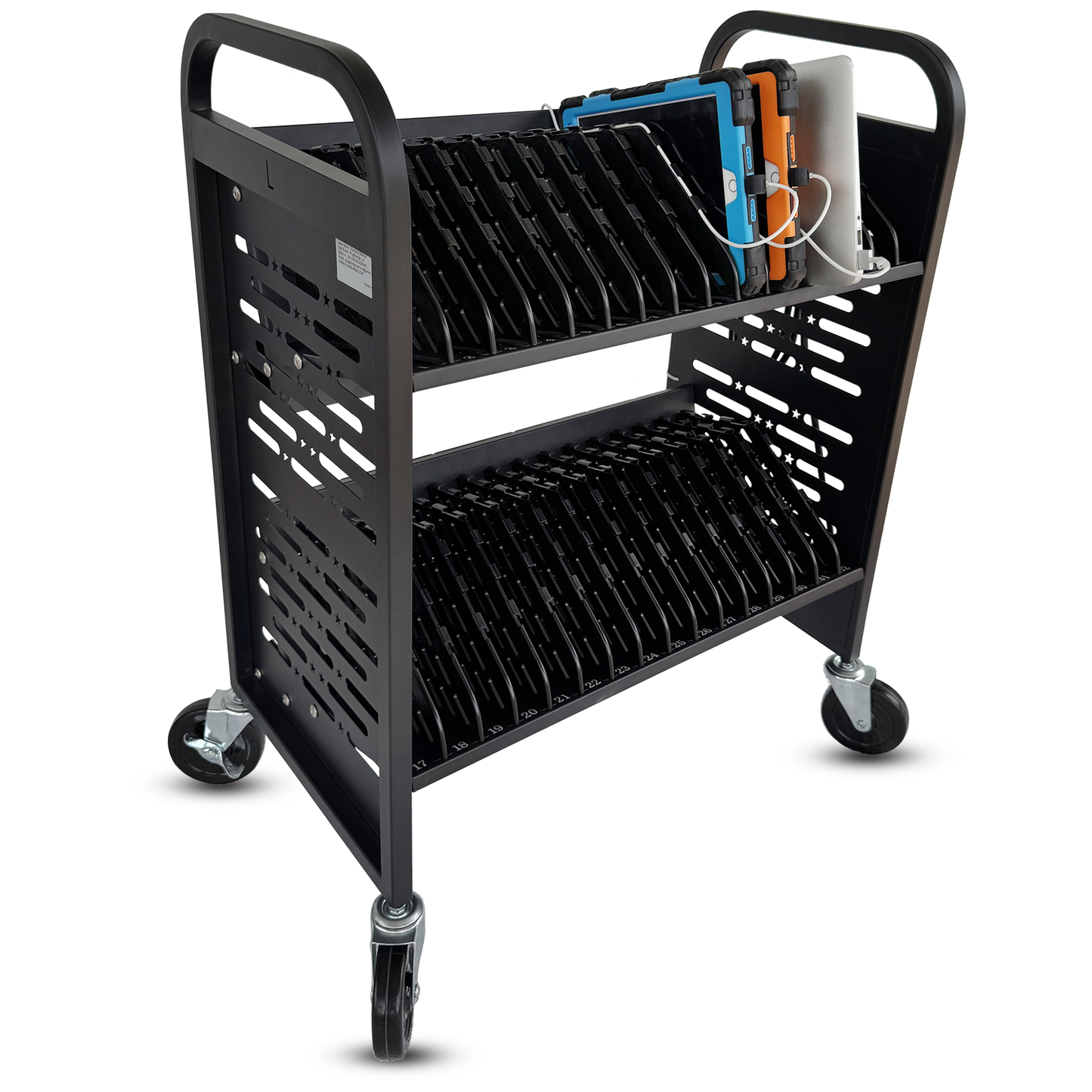 C32A-B - 32-Device Open Laptop & Tablet Charging Cart for Classroom, Chromebook Charging Station, Mobile School Storage Cart with Cable Management & Surge Protection