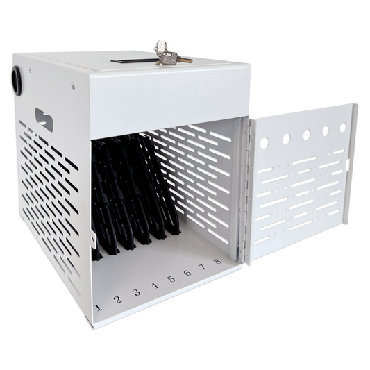 C8B-W - 8-Device Tablet Charging Station, Lockable Steel Case Fits 14" Chromebooks, iPads, Laptops & Tablets, Secure Storage with 2 Keys, Ideal for Classrooms, Offices & Hospitals, White