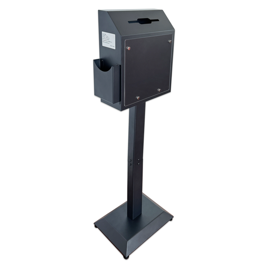 D6A-B - Suggestion Box with Stand, Floor Standing Offering Box, Metal Locking Ballot Collection Safe Box for Voting, Charity, Donation, Church, Election, Hospital Feedback, and Car Rental Key Return, Black