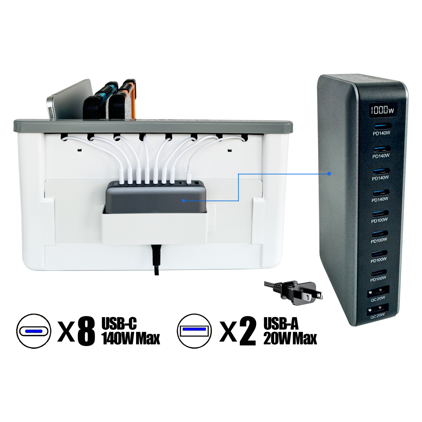 C8A-B - 10-Port USB Charging Station for 8 Devices, 140W USB-C PD Dock, Charge Chromebooks, iPads, Tablets & Phones for Classrooms, Schools, Offices, Libraries, Labs & Shared Workspaces