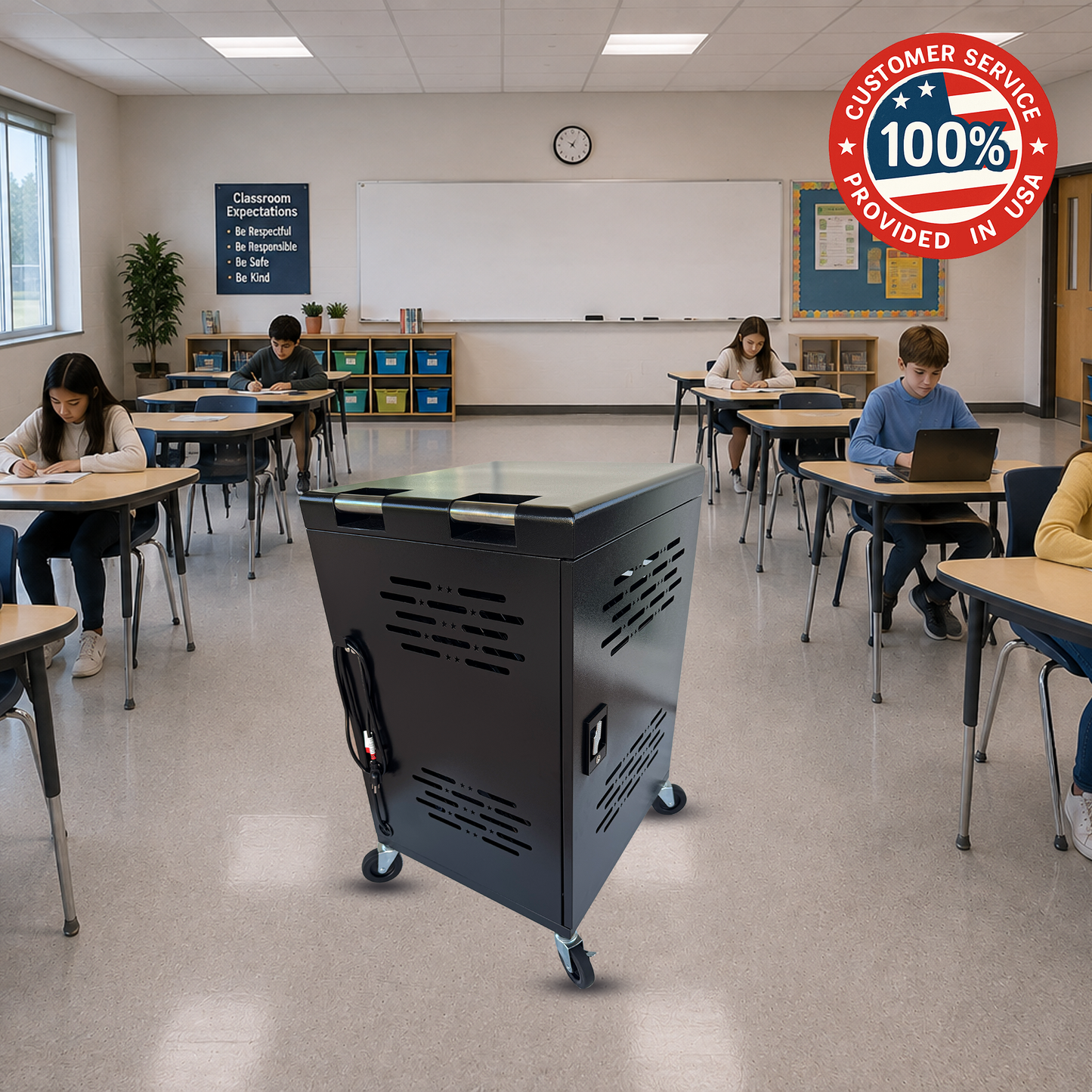 C32B-B - 32-Device Laptop Charging Cart for Chromebooks, iPad & Tablets Fits Up to 14" Laptops with Locking Storage,Stainless Steel Handle,Cable Management for Schools,Offices & Libraries, Black
