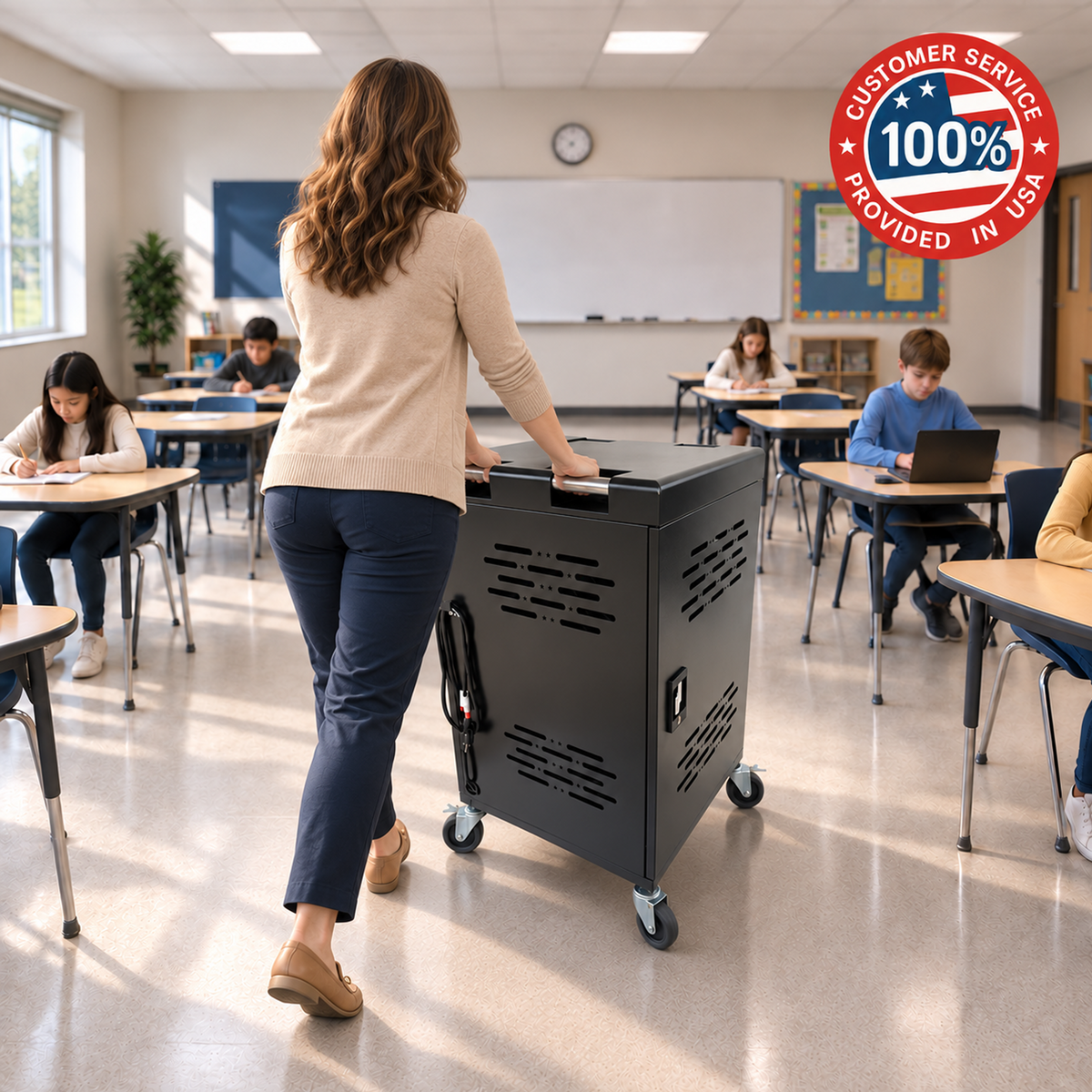 C32B-B - 32-Device Laptop Charging Cart for Chromebooks, iPad & Tablets Fits Up to 14" Laptops with Locking Storage,Stainless Steel Handle,Cable Management for Schools,Offices & Libraries, Black