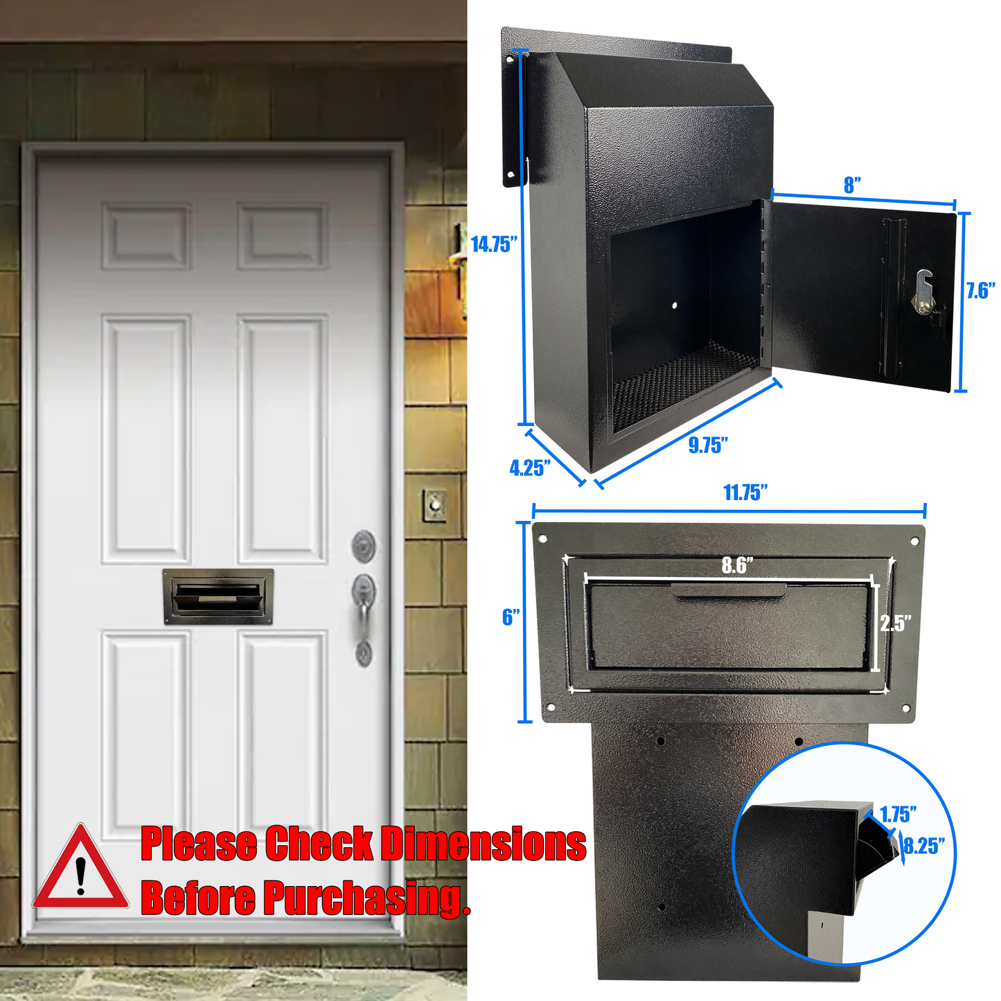 D2C-B - Locking Door Drop Box with Combination Lock – Steel Mailbox with Rear Access, Mail Slot for Rent, Deposit, Night Key, and Mail – Through-Door Design Prevents Money Fishing, Durable Black