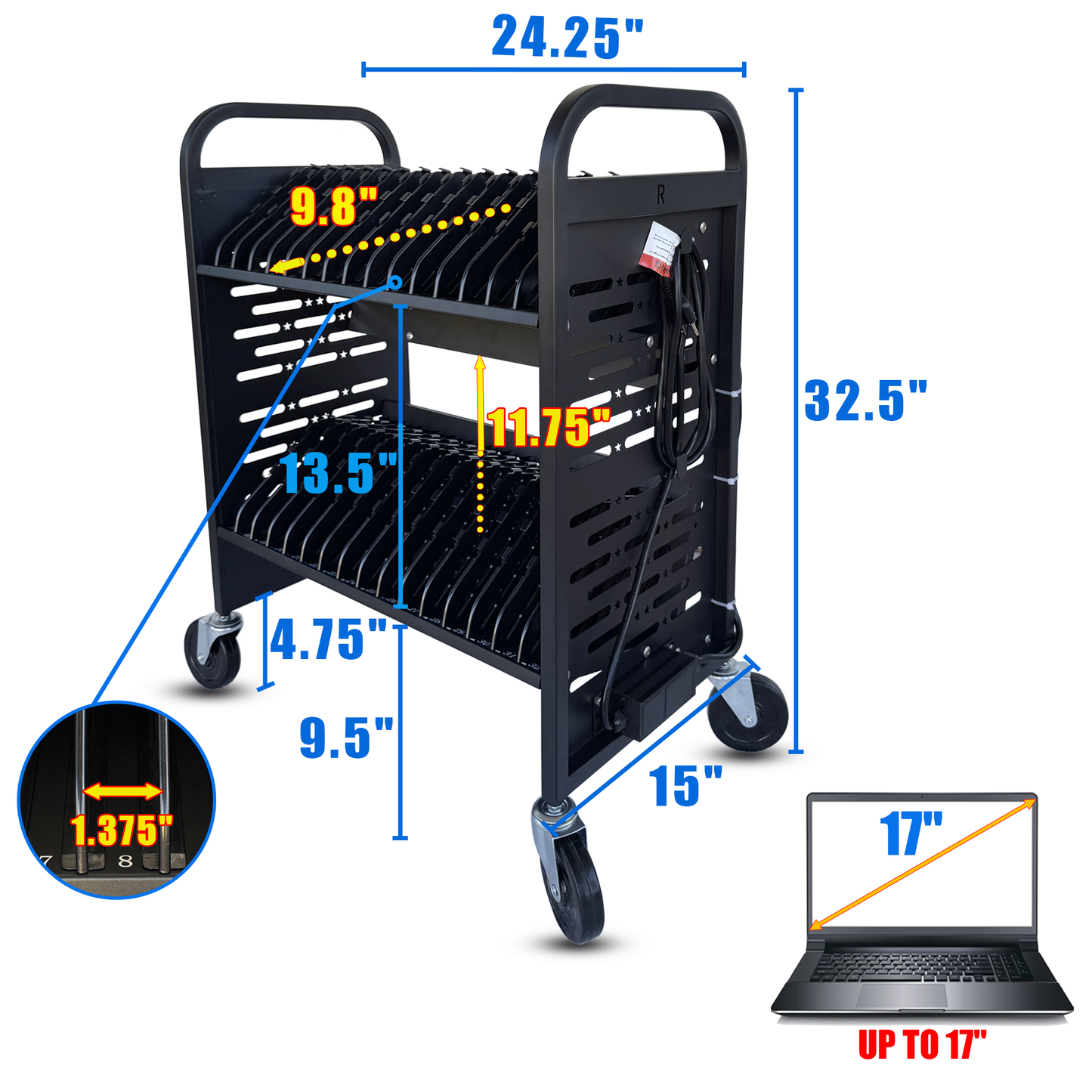 C32A-B - 32-Device Open Laptop & Tablet Charging Cart for Classroom, Chromebook Charging Station, Mobile School Storage Cart with Cable Management & Surge Protection