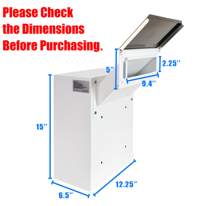 D3N-W-OPENBOX -Through-The-Wall Drop Box with Rainproof Cover | Heavy Duty Through Wall Mailbox with 8.25-Inch Adjustable Chute | Rainproof Locking Drop Safe for Mail, Rent, Checks, Cash, and Keys, White