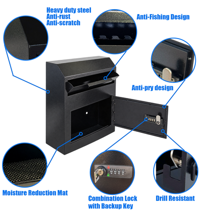 D10B-B - Anti-Fishing Key Drop Box with Combination Lock & Backup Key, Wall-Mount Depository Box for Cash, Checks, Payments, Keys & Documents with Mechanical Lock for Indoor Business Use