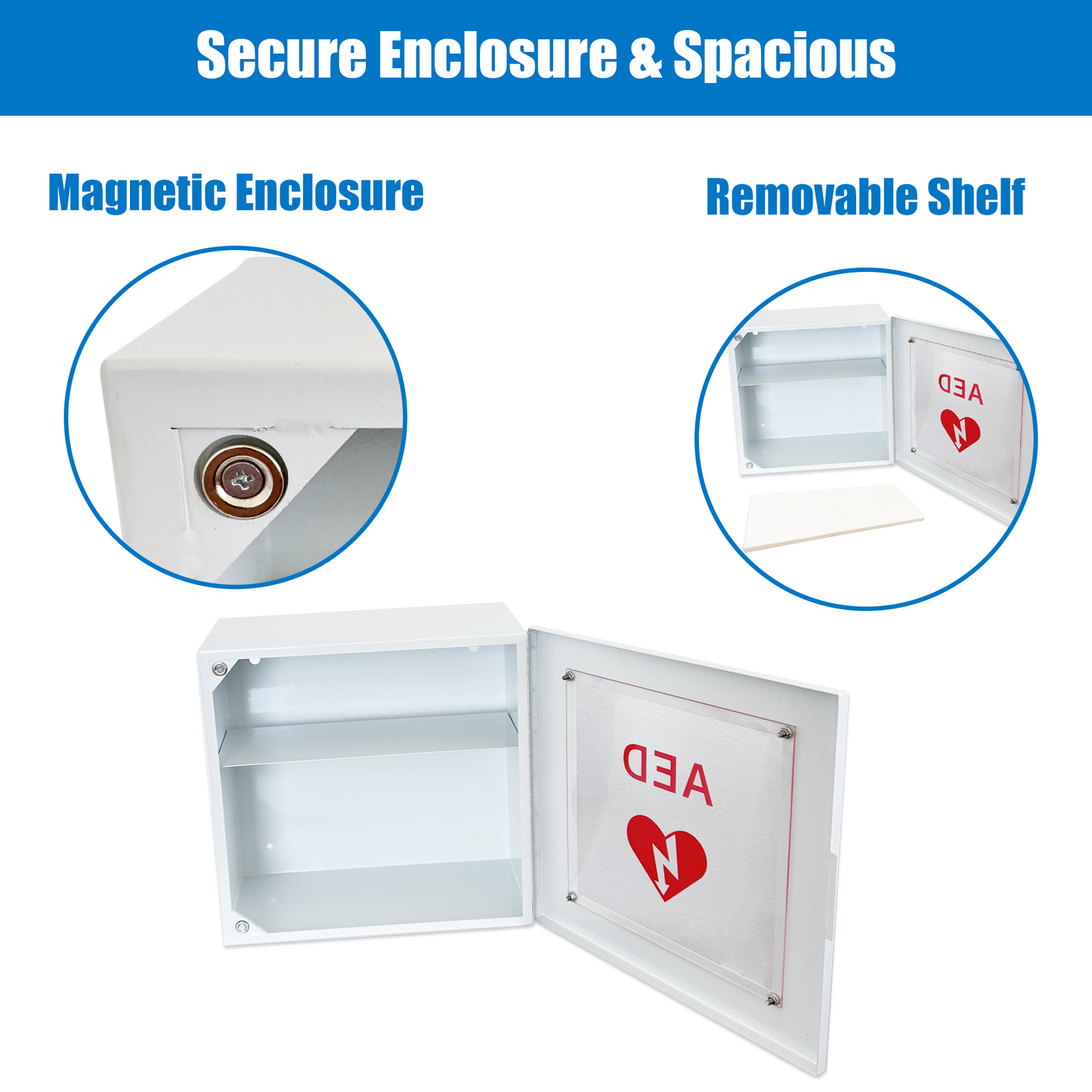 MC-2-W Non Alarmed AED Defibrillator Wall Mounted Storage Cabinet - 14.5'' x 7'' x 13.75'' Steel AED Holder Defibrillator Cabinet for Emergency at Church, Fitness Center, Home, Office, Warehouse