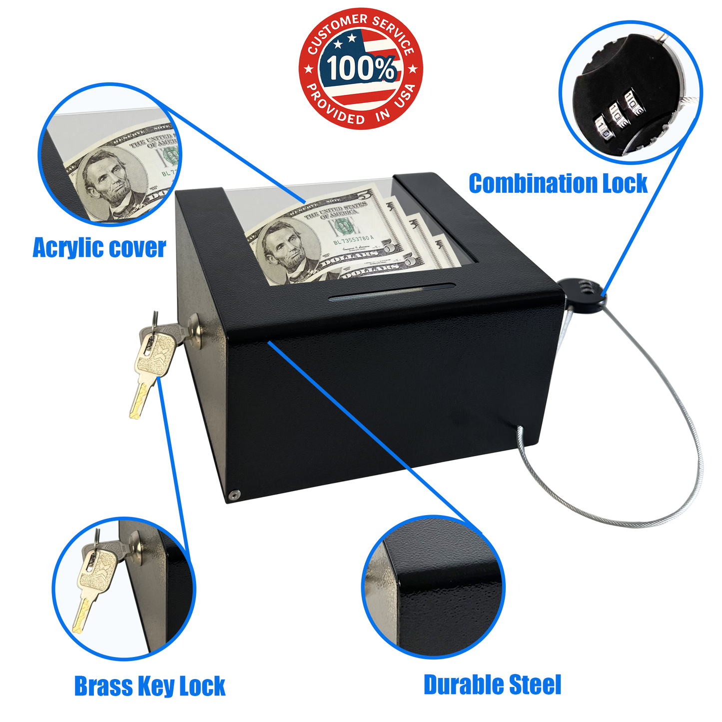 D7-B - Steel Locking Tip Box - Heavy-Duty Secure Tip Jar with Combination Cable Lock, Ideal for Taxi Tips, Donations, Suggestions, Business Cards, Cash, and More in Family Churches, Restaurants, and Events